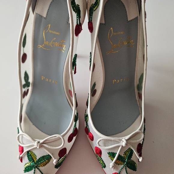 Embroidered Ivory White Cherry Sequin Louboutins Size 36 - Picture 3 of 7